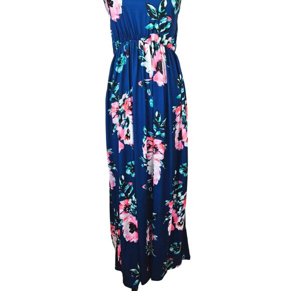 Womens Floral Boho Maxi Dress Adjustable Spaghetti Straps Navy Blue & Pink Small - Picture 8 of 12